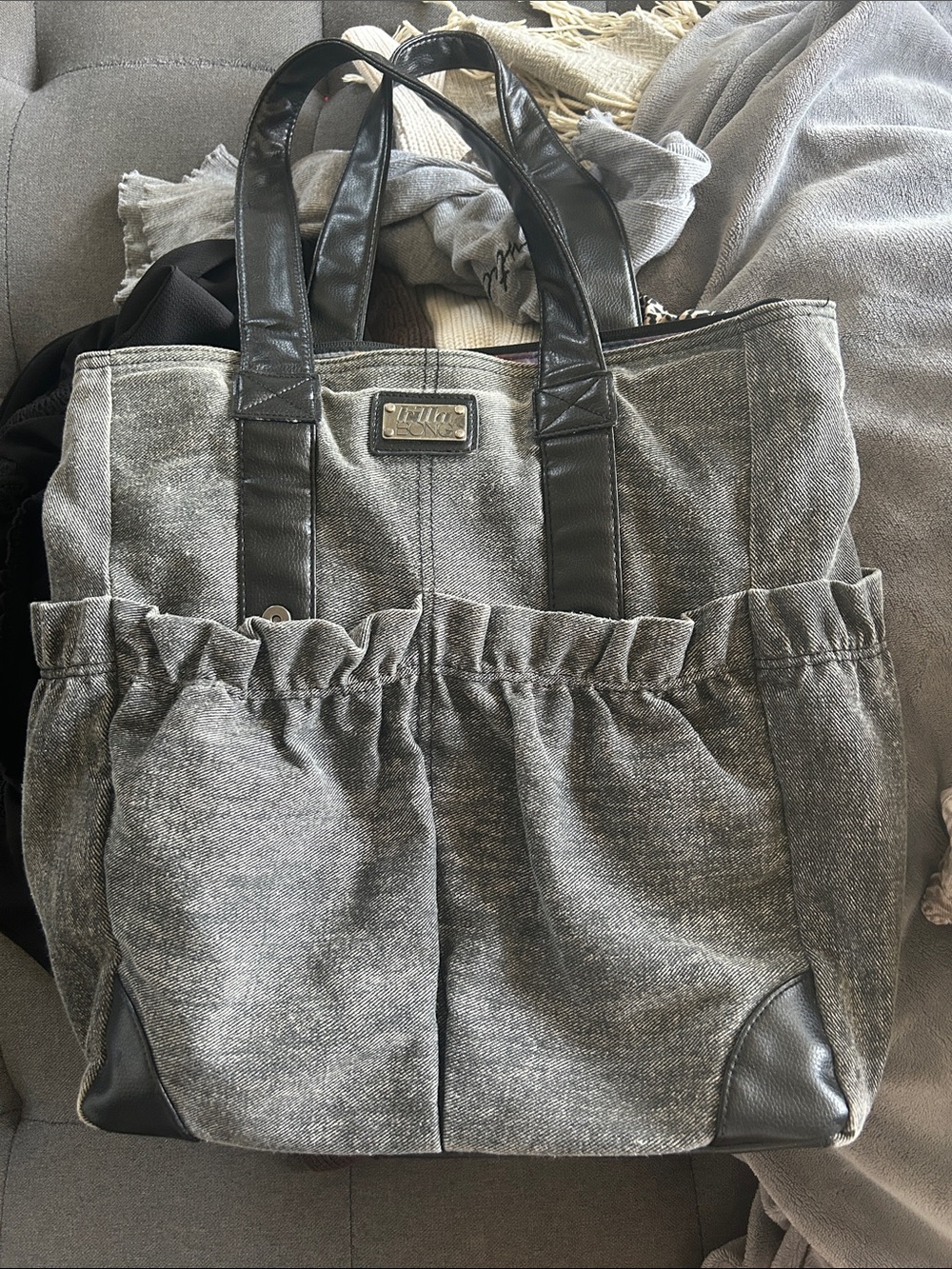 Black leather and denim tote